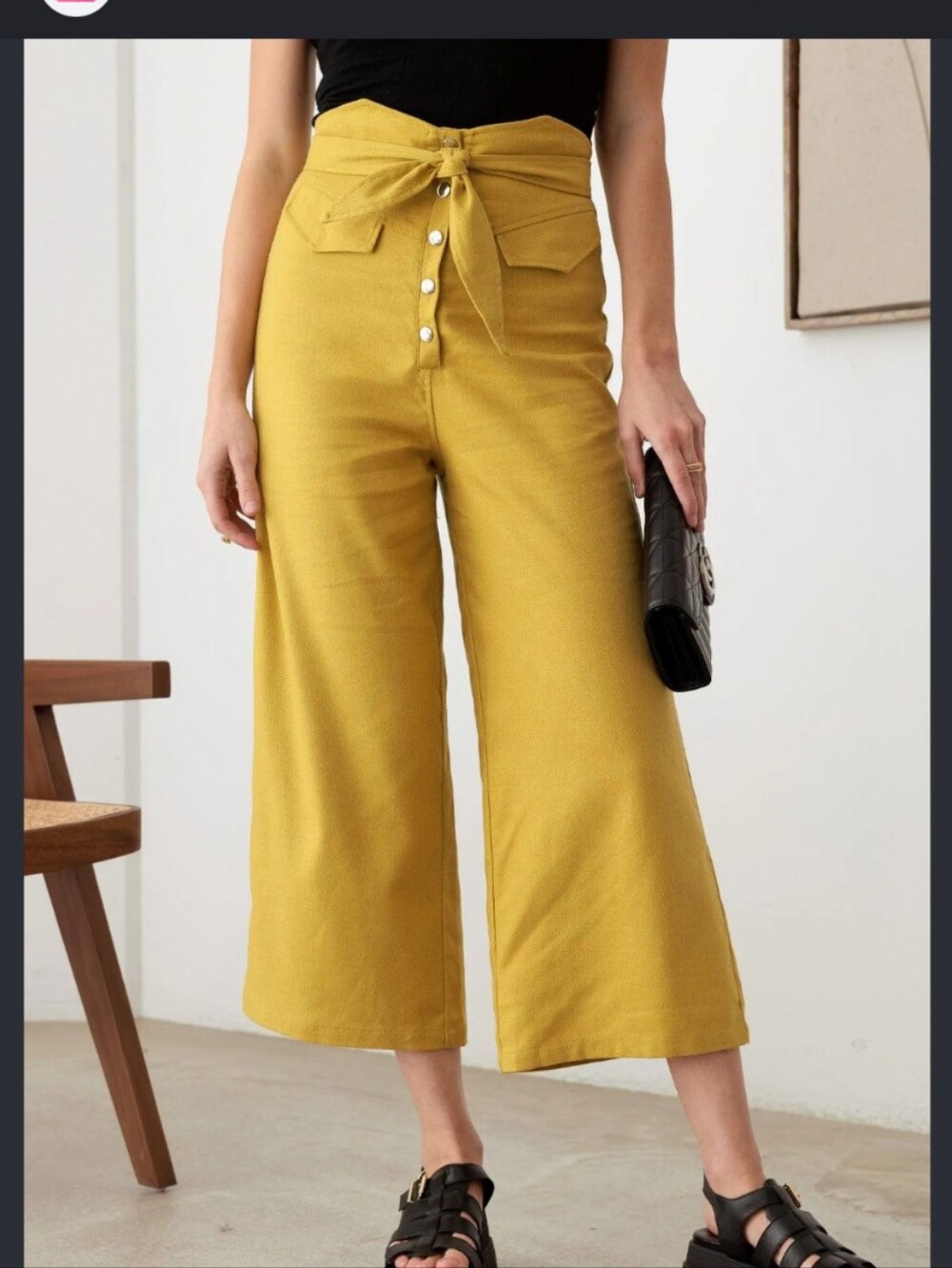 Hummingbird High-Waist Tie Front Cropped Wide-Leg Pants in Mustard